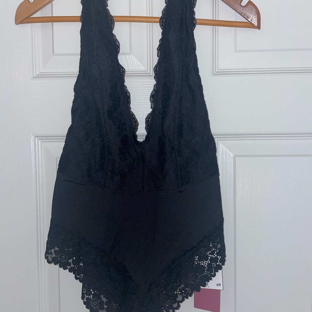 Black bodysuit lingerie lace halter low back Halloween sexy new
